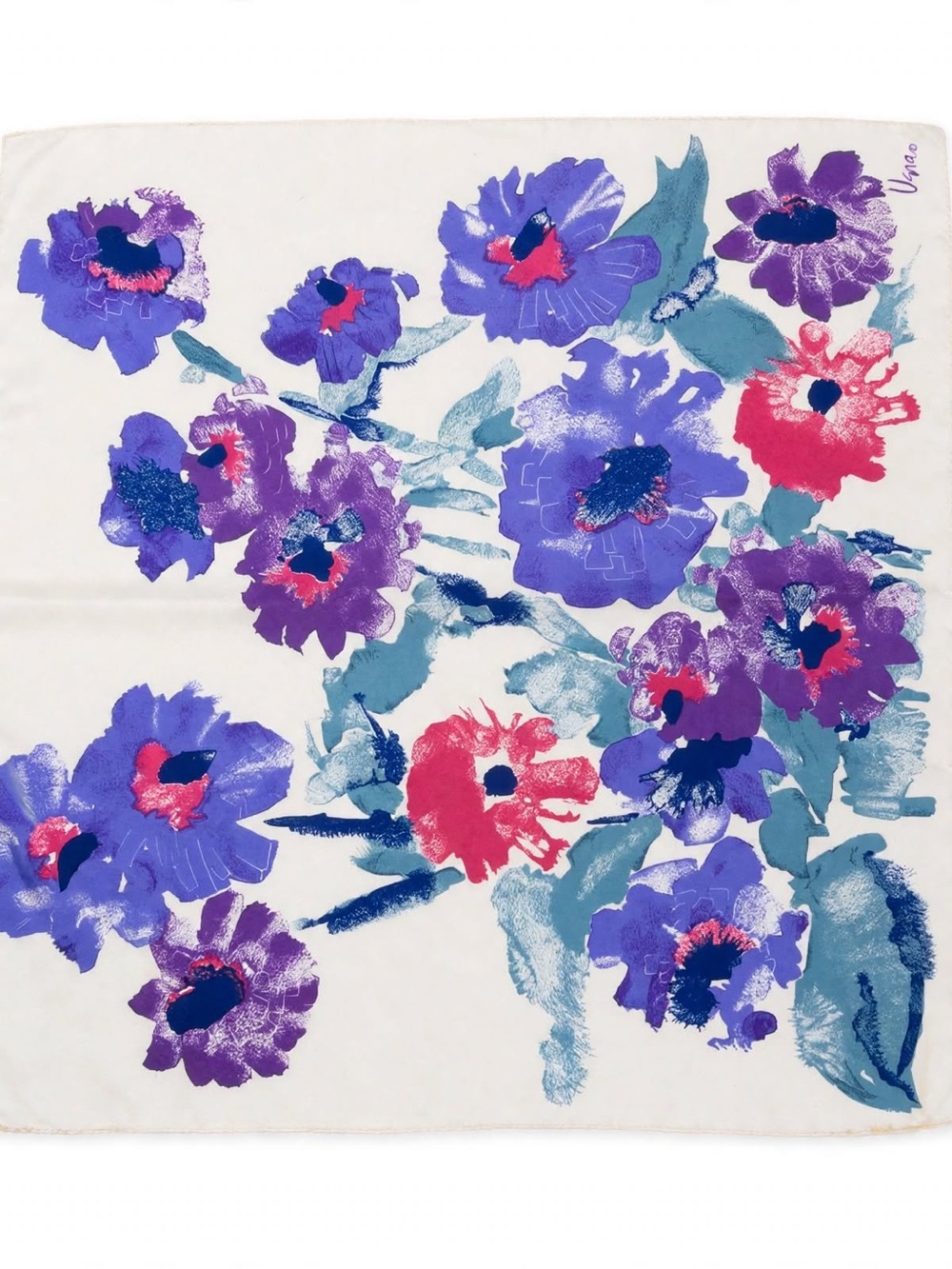Floral Print Silk Scarf in White, Purple & Pink
